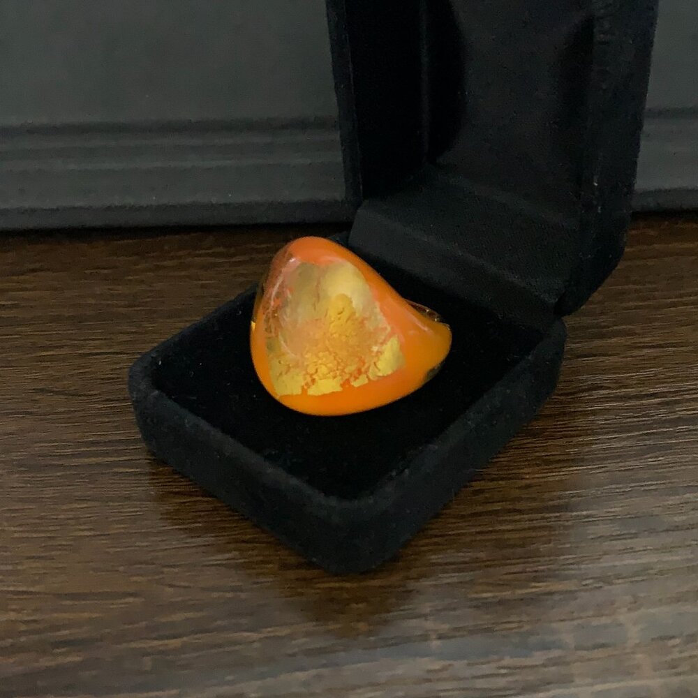 Orange and 24k Gold-Leaf Murano Glass Ring, size 7.5